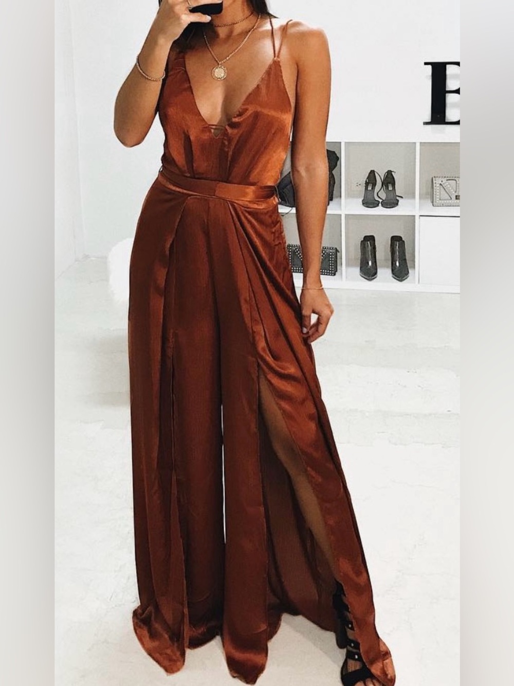 Luxxel Satin Wide-Leg Jumpsuit in Copper — USED ONCE